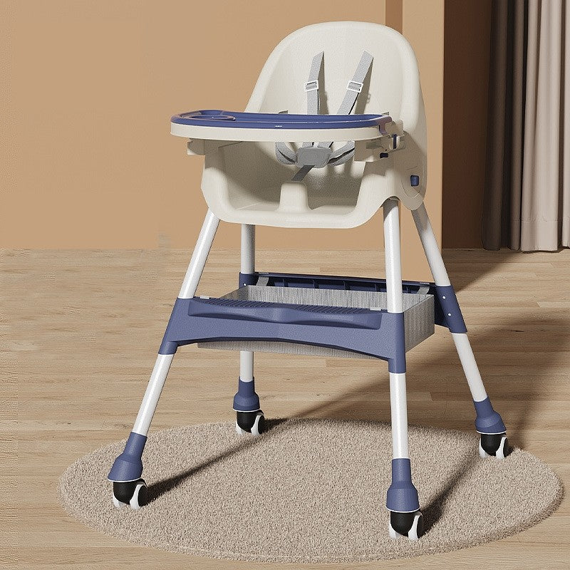 Scaun de Masa pentru Bebelusi si Copii, Telescopic si Pliabil, Roti cu Blocare, Masuta Reglabila, Husa Piele Ecologica, Cos Depozitare, 97 x 73 x 65 cm, Albastru