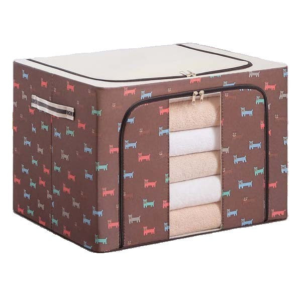 Cutie Depozitare Pliabila, Organizator Haine si Jucarii cu Cadru Metalic si Fermoar, Material Textil cu Fereastra Transparenta, Imprimeu Catelusi, 100 L, 60x42x40 cm, Maro