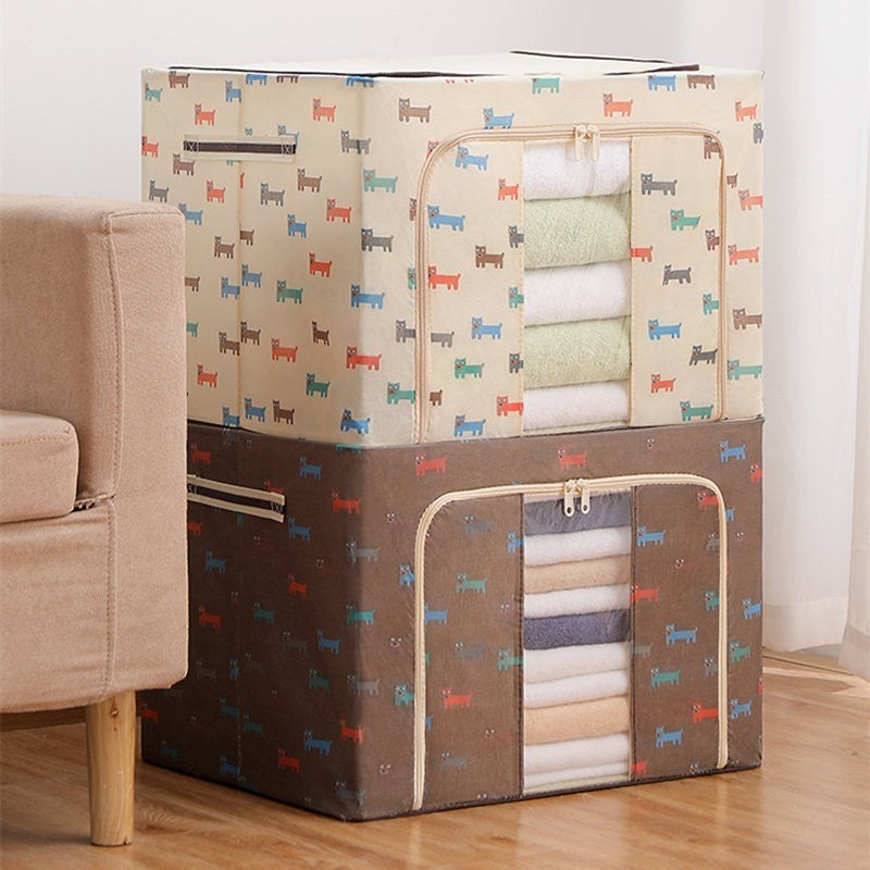 Cutie Depozitare Pliabila, Organizator Haine si Jucarii cu Cadru Metalic si Fermoar, Material Textil cu Fereastra Transparenta, Imprimeu Catelusi, 100 L, 60x42x40 cm, Maro