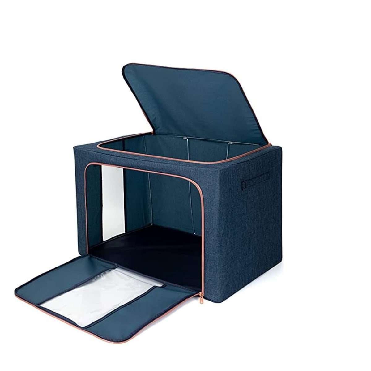 Cutie Depozitare Haine si Organizator Pliabil, Cadru Metalic si Baza Plastic, 2 Ferestre Transparente, Inchidere Fermoar, Material Textil, 100 L, 60x42x40 cm, Albastru Marin