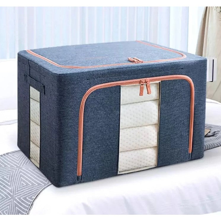 Cutie Depozitare Haine si Organizator Pliabil, Cadru Metalic si Baza Plastic, 2 Ferestre Transparente, Inchidere Fermoar, Material Textil, 100 L, 60x42x40 cm, Albastru Marin