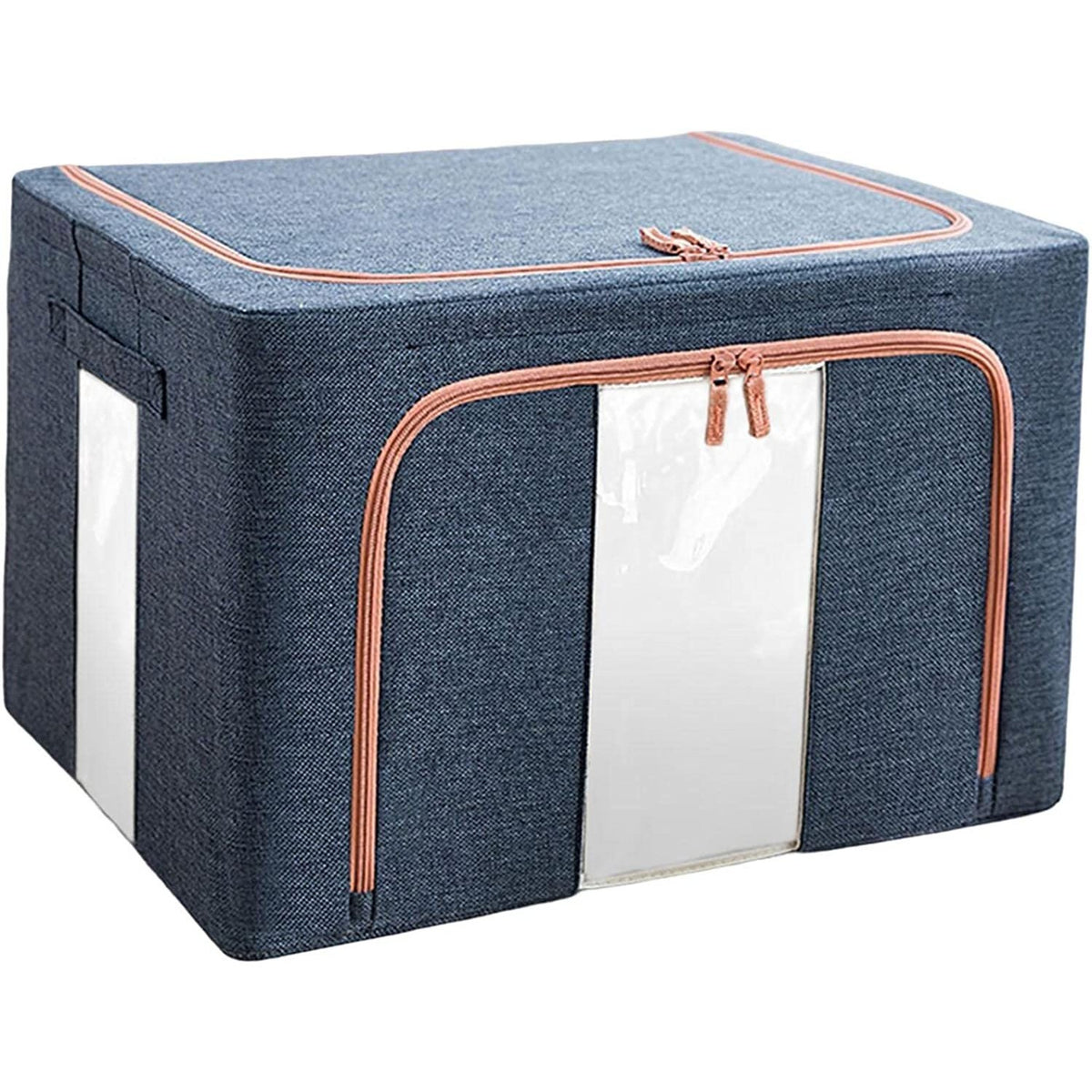 Cutie Depozitare Haine si Organizator Pliabil, Cadru Metalic si Baza Plastic, 2 Ferestre Transparente, Inchidere Fermoar, Material Textil, 100 L, 60x42x40 cm, Albastru Marin