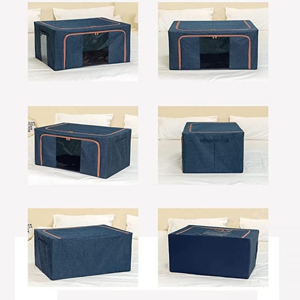 Cutie Depozitare Pliabila Cu Fermoar, Organizator Haine Si Jucarii Cu 2 Ferestre Transparente, Cadru Metalic Si Maner, Material Textil, 24 L, 40x30x20 cm, Albastru Marin