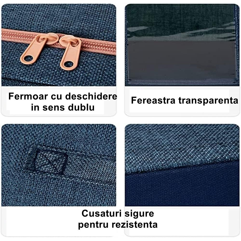 Cutie Depozitare Pliabila Cu Fermoar, Organizator Haine Si Jucarii Cu 2 Ferestre Transparente, Cadru Metalic Si Maner, Material Textil, 24 L, 40x30x20 cm, Albastru Marin