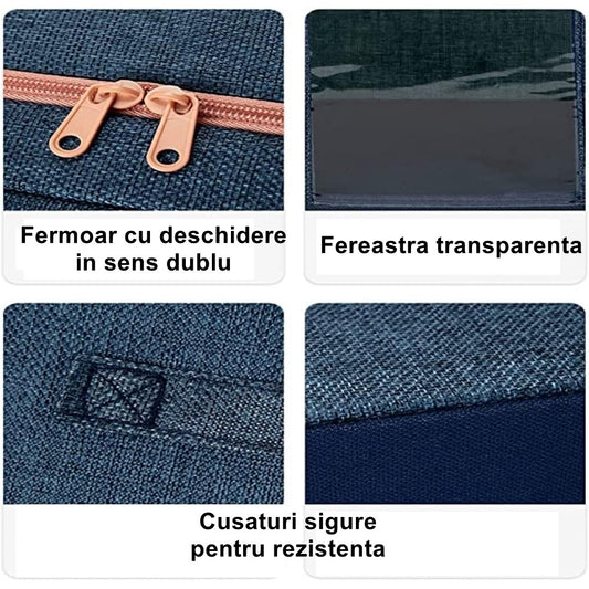 Cutie Depozitare Pliabila Cu Fermoar, Organizator Haine Si Jucarii Cu 2 Ferestre Transparente, Cadru Metalic Si Maner, Material Textil, 24 L, 40x30x20 cm, Albastru Marin