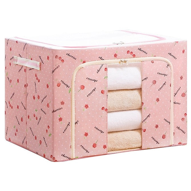 Cutie de Depozitare Pliabila, Organizator Haine si Lenjerie cu Fermoar, Cadru Metalic si Fereastra Transparenta, Material Textil, 100 L, Imprimeu Cirese, Roz, 60x42x40 cm