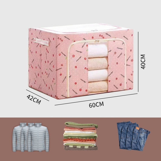Cutie de Depozitare Pliabila, Organizator Haine si Lenjerie cu Fermoar, Cadru Metalic si Fereastra Transparenta, Material Textil, 100 L, Imprimeu Cirese, Roz, 60x42x40 cm
