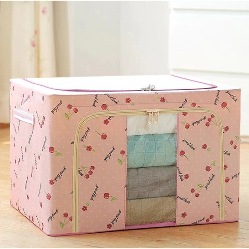 Cutie de Depozitare Pliabila, Organizator Haine si Lenjerie cu Fermoar, Cadru Metalic si Fereastra Transparenta, Material Textil, 100 L, Imprimeu Cirese, Roz, 60x42x40 cm