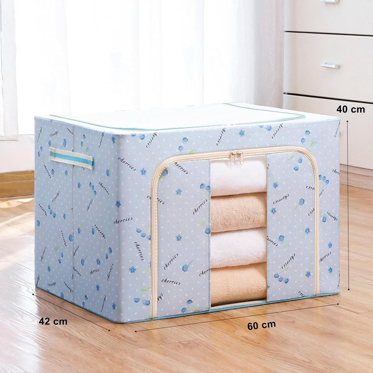Cutie de Depozitare Pliabila pentru Haine si Lenjerie, Capacitate 100 L, Cadru Metalic si Fereastra Transparenta, Tesatura Oxford cu Fermoar Bidirectional, 60x42x40 cm, Imprimeu Cirese, Albastru