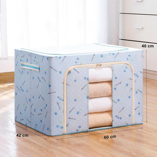 Cutie de Depozitare Pliabila pentru Haine si Lenjerie, Capacitate 100 L, Cadru Metalic si Fereastra Transparenta, Tesatura Oxford cu Fermoar Bidirectional, 60x42x40 cm, Imprimeu Cirese, Albastru