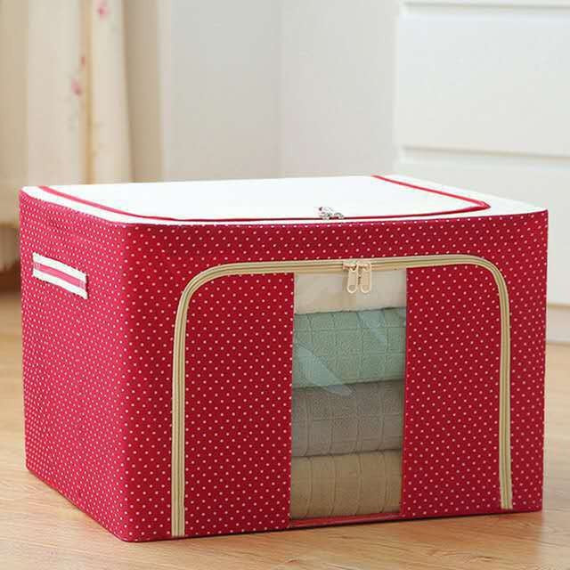 Cutie de Depozitare Pliabila pentru Haine si Lenjerie, Cadru Metalic si Fereastra Transparenta, Material Textil cu Fermoar, 100 L, 60x42x40 cm, Rosu cu Buline