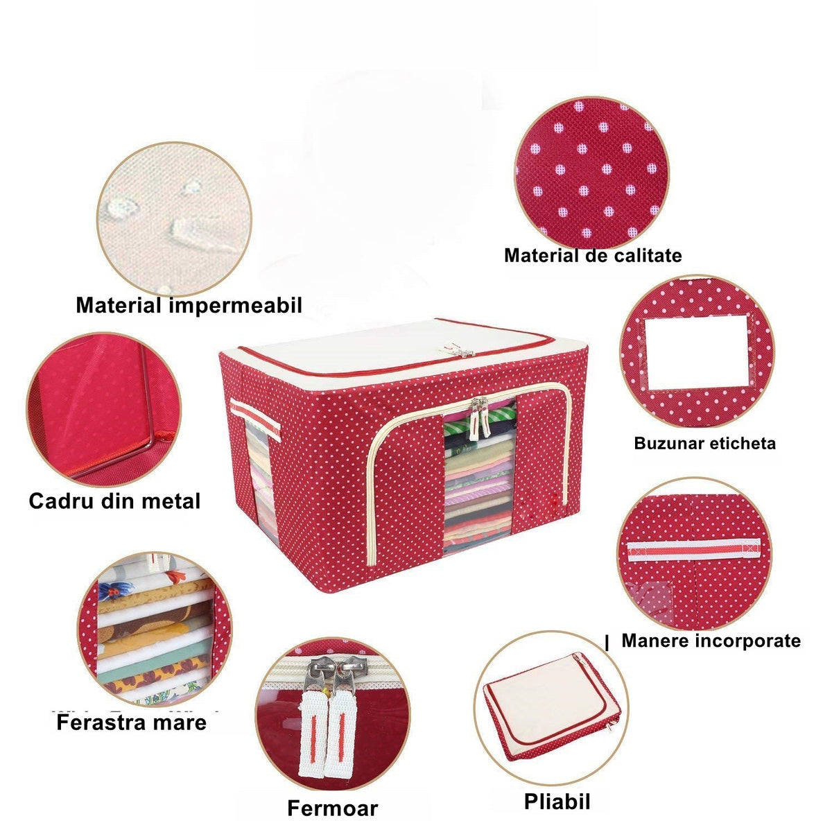 Cutie de Depozitare Pliabila pentru Haine si Lenjerie, Cadru Metalic si Fereastra Transparenta, Material Textil cu Fermoar, 100 L, 60x42x40 cm, Rosu cu Buline