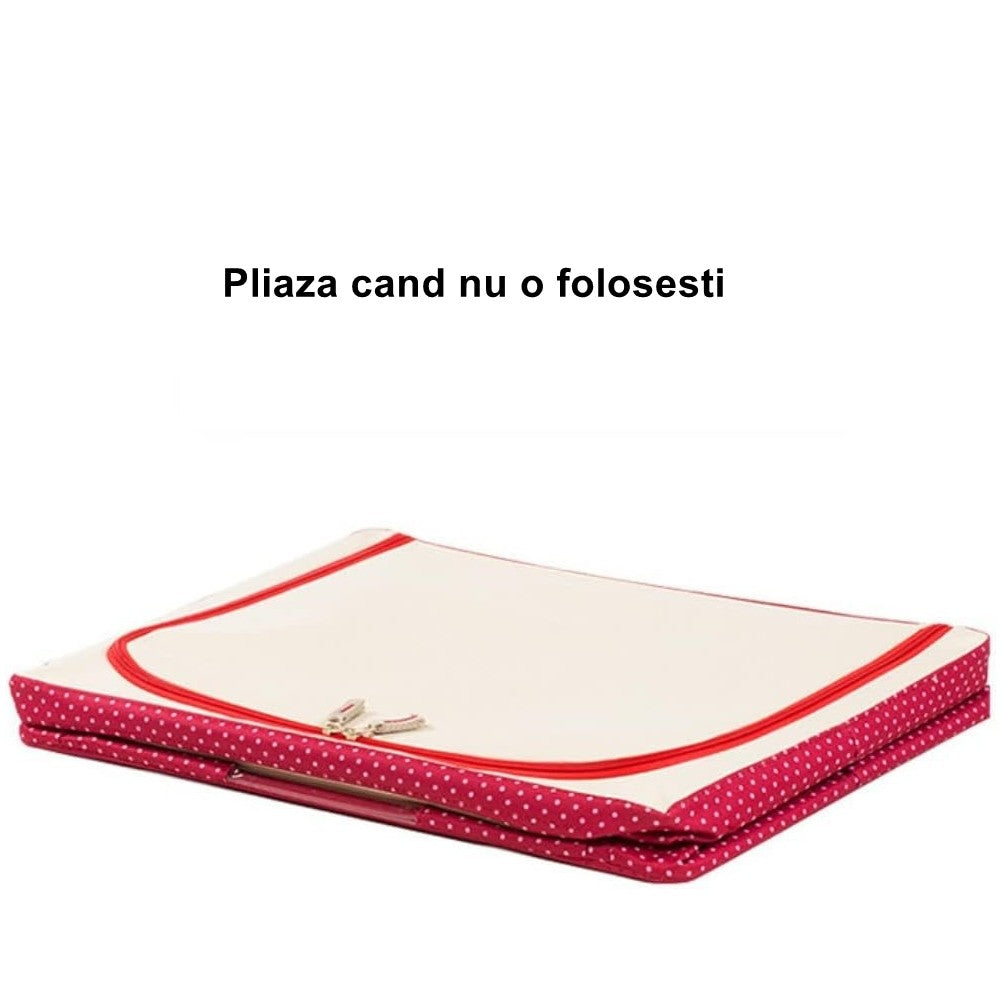 Cutie de Depozitare Pliabila pentru Haine si Lenjerie, Cadru Metalic si Fereastra Transparenta, Material Textil cu Fermoar, 100 L, 60x42x40 cm, Rosu cu Buline
