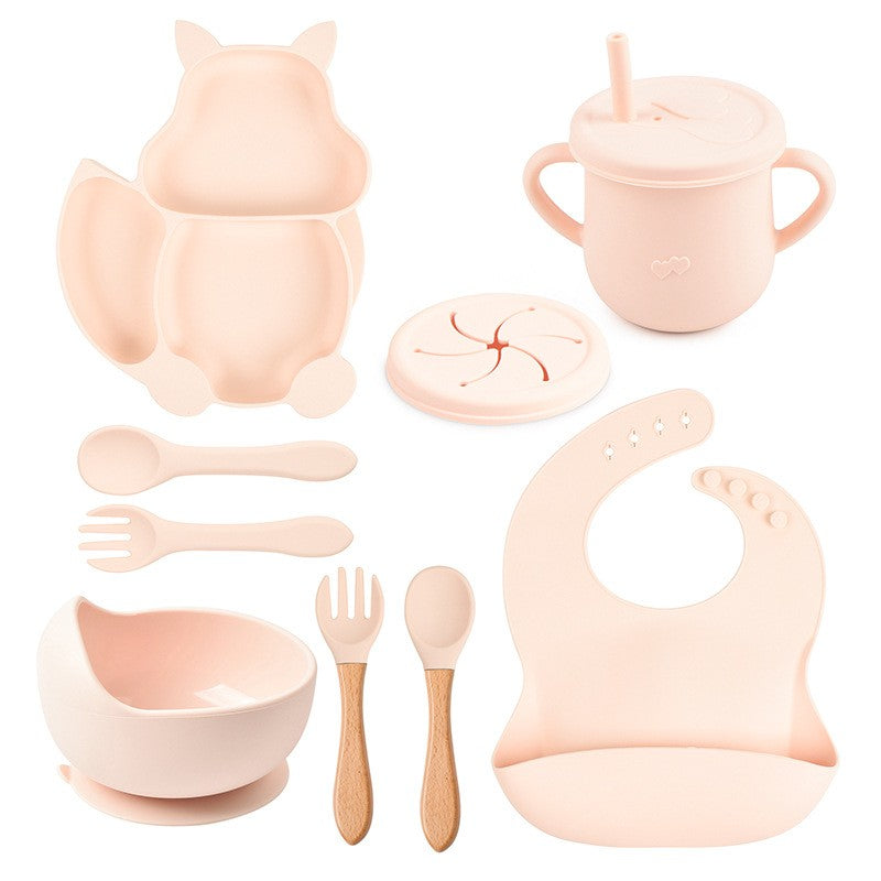 Set Diversificare Bebelusi si Copii, Farfurie si Bol cu Ventuza, Cana Gustari, Tacamuri Ergonomice, Silicon Alimentar si Lemn, 10 Piese, Verde Moto
