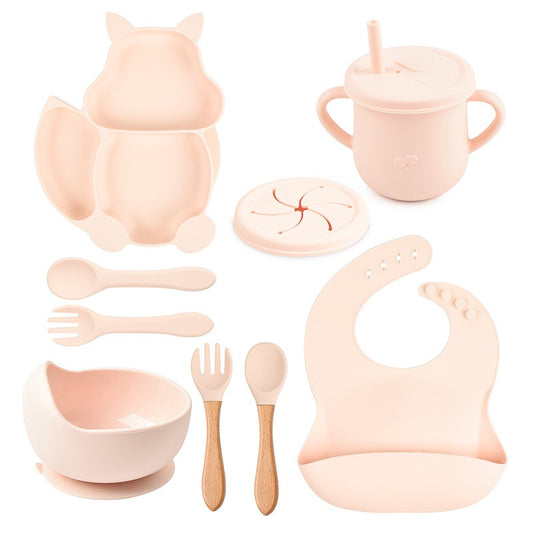 Set Diversificare Bebelusi si Copii, Farfurie si Bol cu Ventuza, Cana Gustari, Tacamuri Ergonomice, Silicon Alimentar si Lemn, 10 Piese, Verde Moto