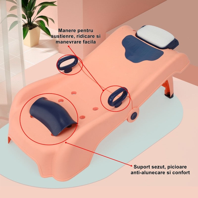 Suport Pliabil pentru Spalat Parul Copii, Scaun Ergonomic cu Tetiera Reglabila si Manere, Polipropilena, 0-16 Ani, 82 x 40 x 28 cm, Roz Pal
