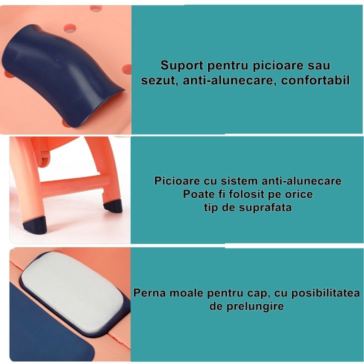 Suport Pliabil pentru Spalat Parul Copii, Scaun Ergonomic cu Tetiera Reglabila si Manere, Polipropilena, 0-16 Ani, 82 x 40 x 28 cm, Roz Pal