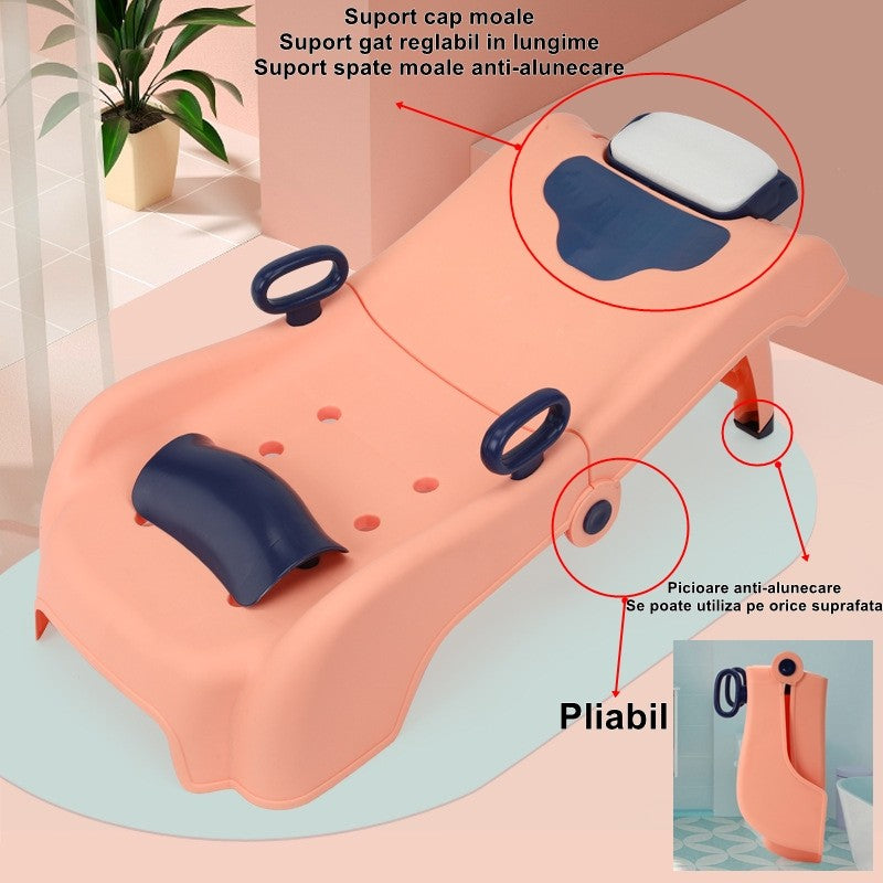 Suport Pliabil pentru Spalat Parul Copii, Scaun Ergonomic cu Tetiera Reglabila si Manere, Polipropilena, 0-16 Ani, 82 x 40 x 28 cm, Roz Pal