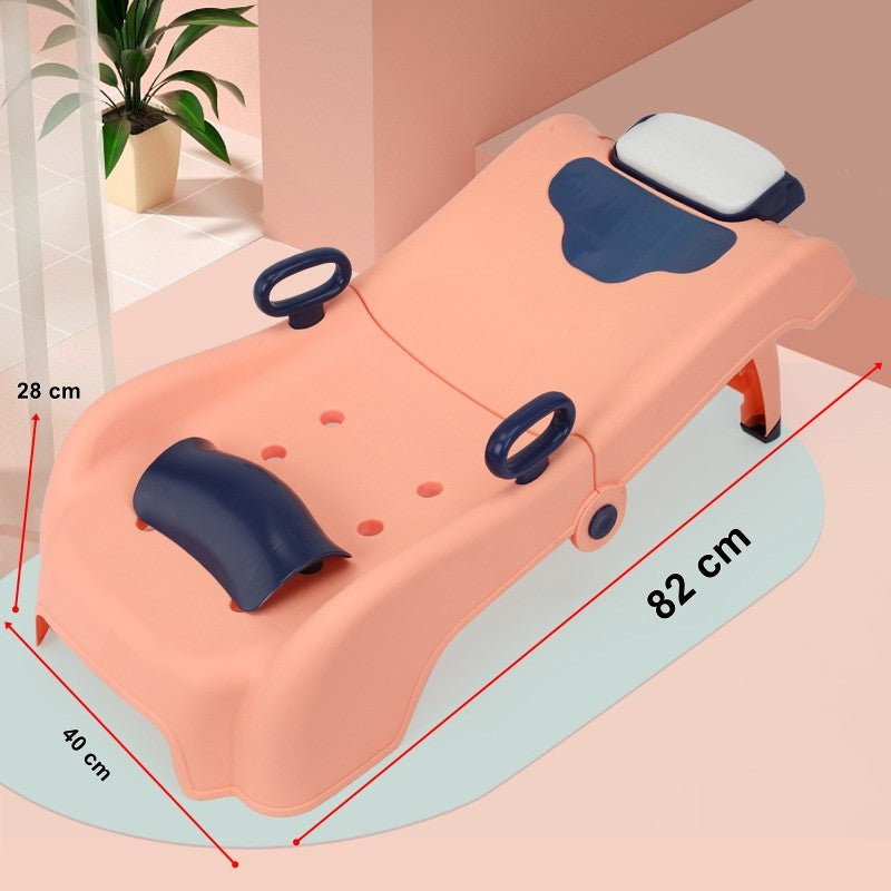Suport Pliabil pentru Spalat Parul Copii, Scaun Ergonomic cu Tetiera Reglabila si Manere, Polipropilena, 0-16 Ani, 82 x 40 x 28 cm, Roz Pal