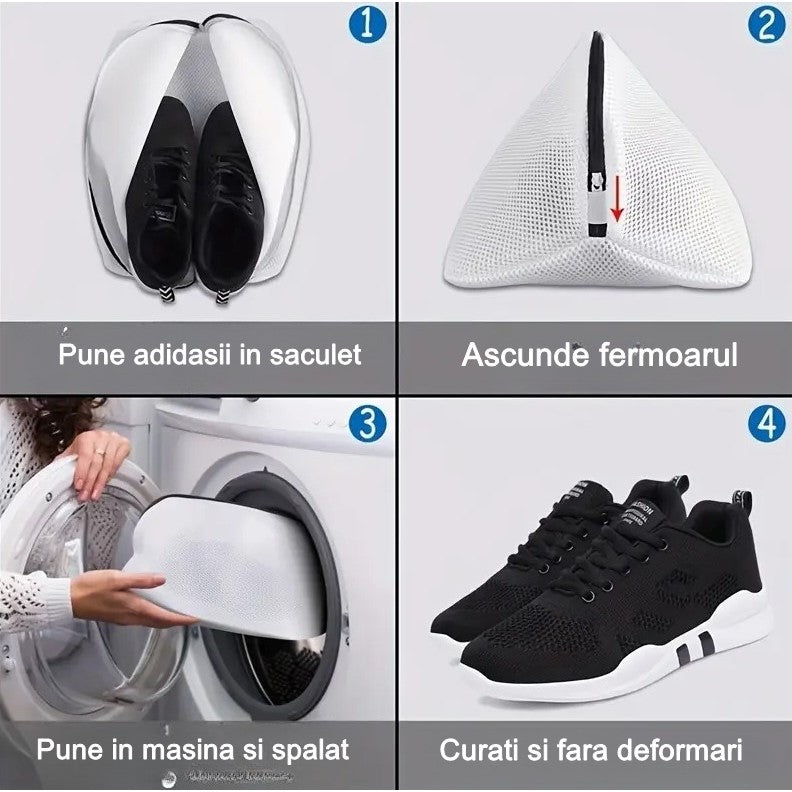 Sac Pentru Spalare si Uscare Incaltaminte, Plasa Protectie Pantofi si Adidasi pentru Masina de Spalat, Material Textil Rezistent, 42 x 24 x 24 cm, Alb