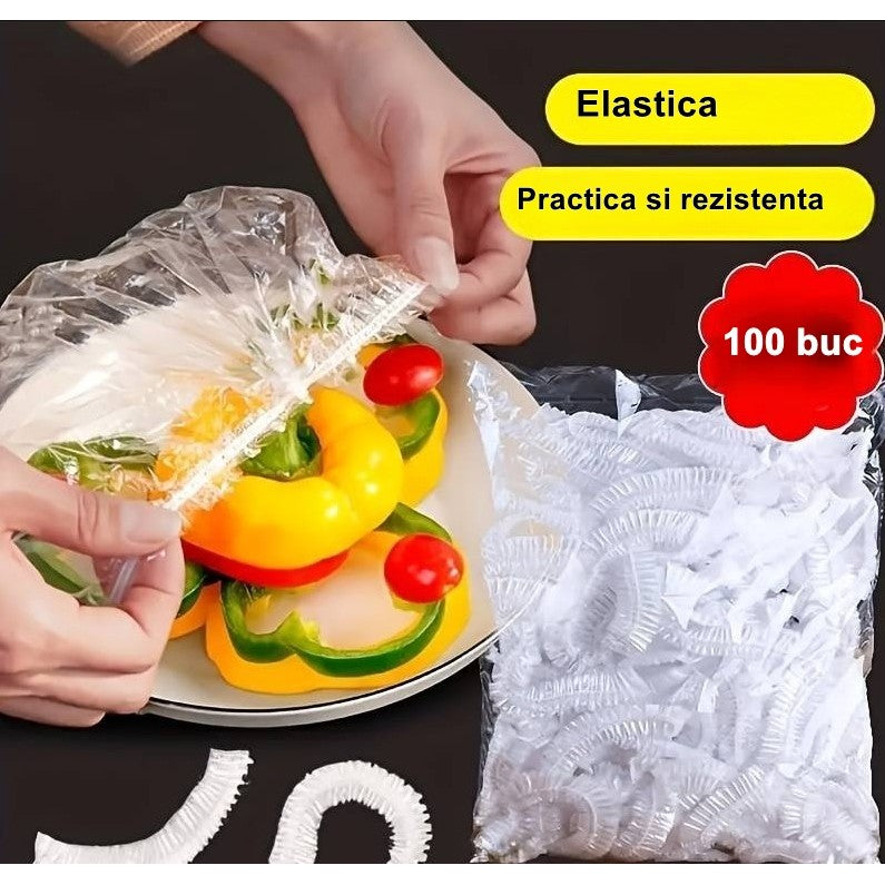 Set 100 Folii Protectie Elastice pentru Alimente si Boluri, Capace Universale Reutilizabile, Plastic Transparent, Diametru 12-40 cm, 100 Bucati