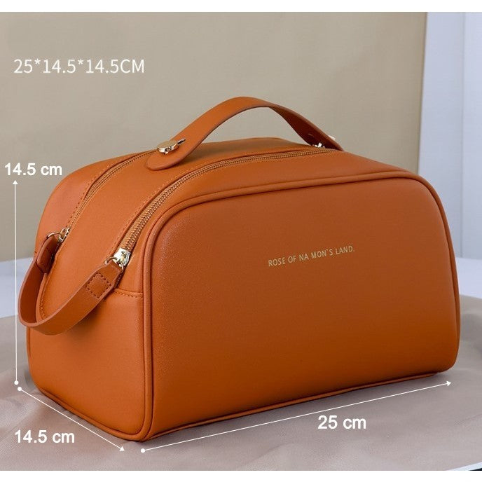 Geanta Cosmetice pentru Femei, Organizator Machiaj Incapator, Material Poliuretan Impermeabil, Maner Transport, 25 x 14.5 x 14.5 cm, Maro