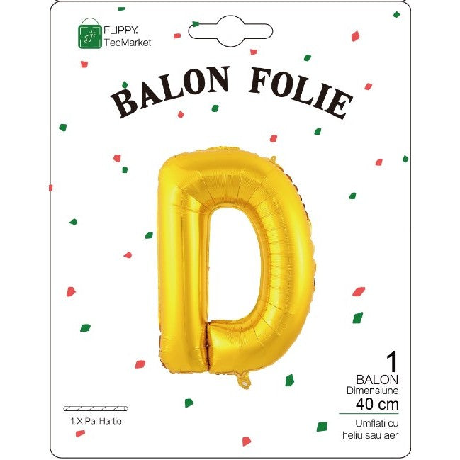 Balon Folie Metalizata Litera D, Decoratiune Petrecere si Aniversare, Compatibil Heliu sau Aer, Include Pai Umflare, 40 cm, Auriu