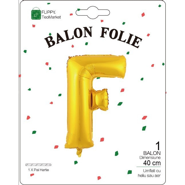 Balon Folie Metalizata Litera F, Decoratiune Petrecere Aniversara, Compatibil Heliu sau Aer, Aluminiu, Inclus Pai Umflare, 40 cm, Auriu