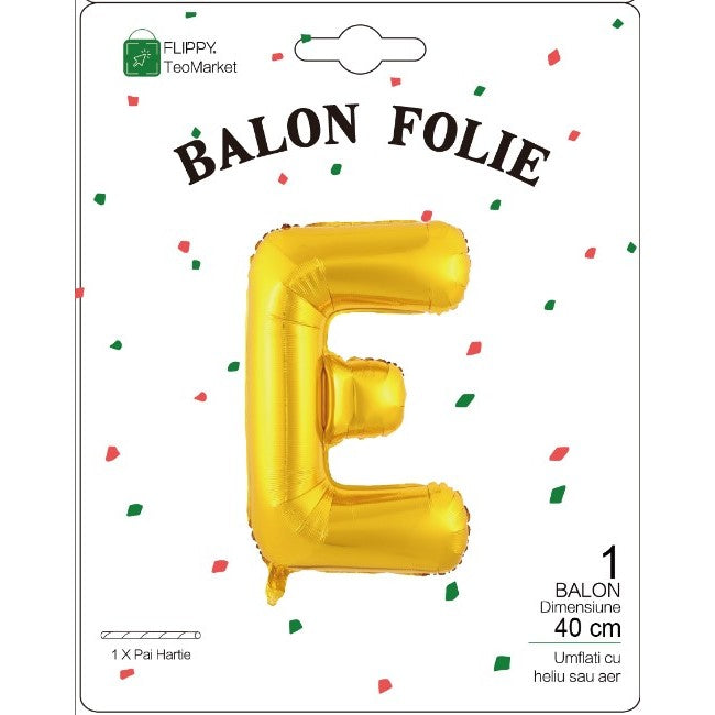 Balon Folie Metalizata Litera E, Umflare Heliu sau Aer, Decoratiuni Petrecere cu Pai Inclus, Aluminiu, 40 cm, Auriu