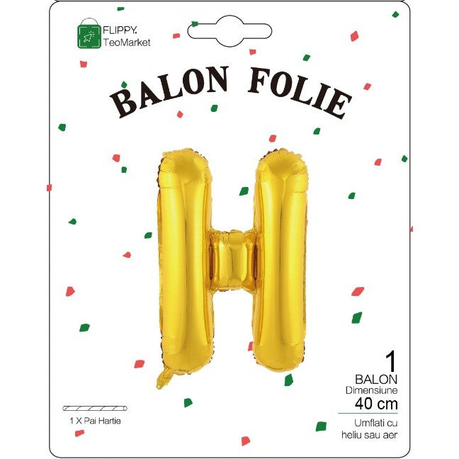 Balon Litera H din Folie Metalizata, Decoratiune Petrecere Aniversara, Umflare Heliu sau Aer, Include Pai, 40 cm, Auriu