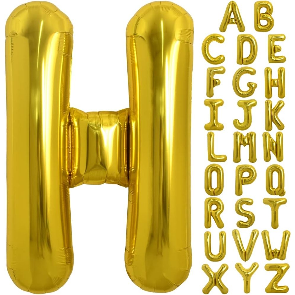 Balon Litera H din Folie Metalizata, Decoratiune Petrecere Aniversara, Umflare Heliu sau Aer, Include Pai, 40 cm, Auriu