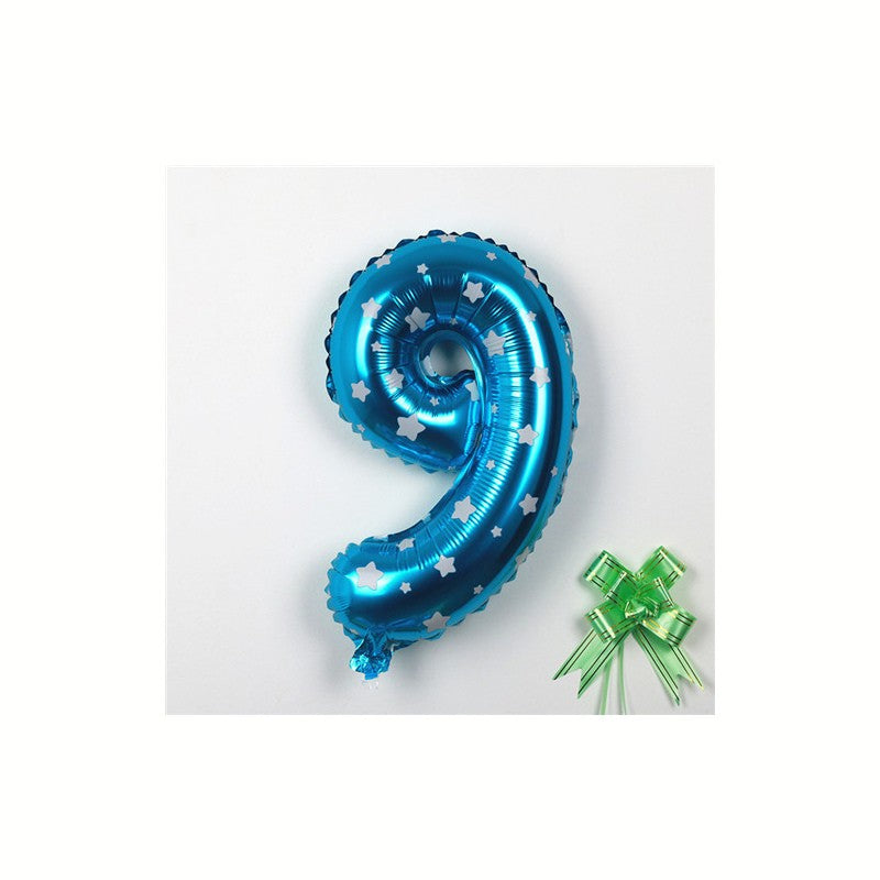 Balon Aniversar Cifra 9, Figurina din Folie Metalizata cu Imprimeu Stele, Umflare Aer sau Heliu, 80 cm, Albastru