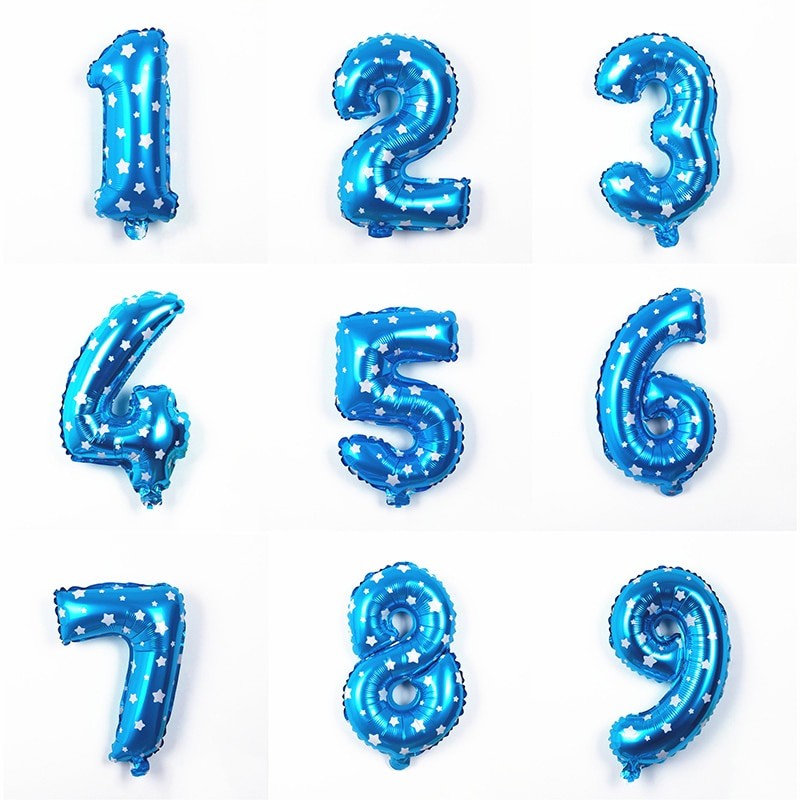 Balon Aniversar Cifra 9, Figurina din Folie Metalizata cu Imprimeu Stele, Umflare Aer sau Heliu, 80 cm, Albastru