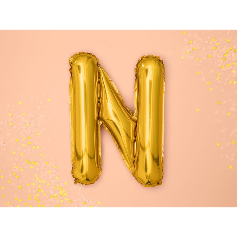 Balon Folie Metalizata Litera N, Decor Petrecere Aniversara, Compatibil Heliu sau Aer, Aluminiu, Pai Inclus, 40 cm, Auriu