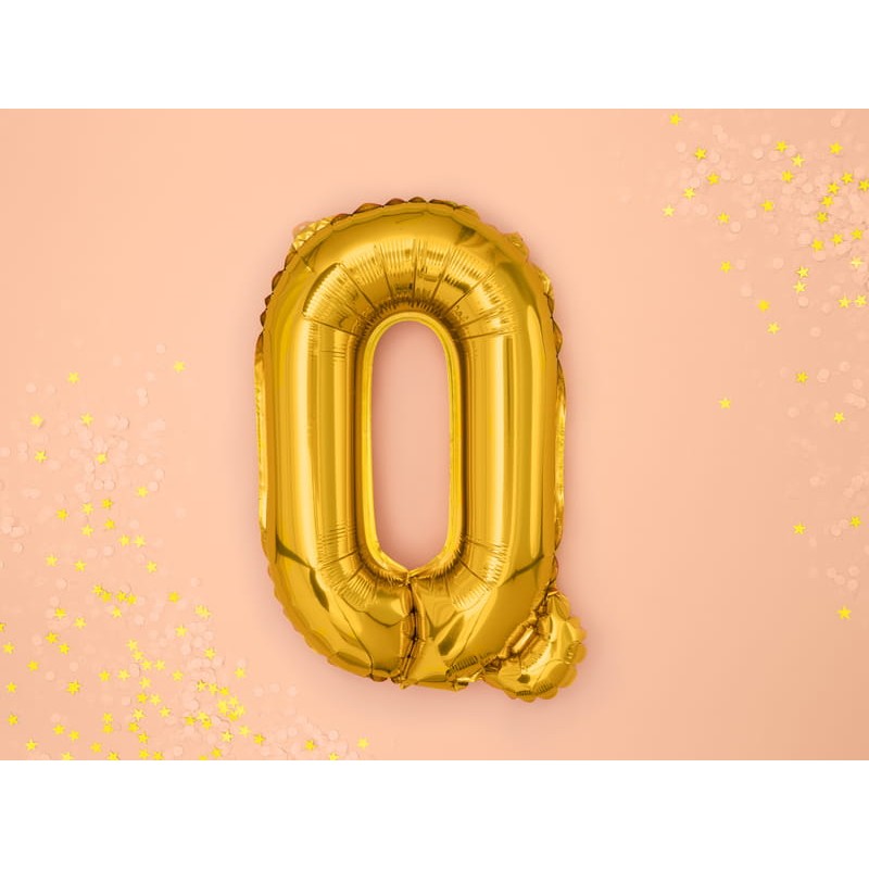 Balon Folie Metalizata Litera Q, Umflare Aer sau Heliu, Reutilizabil cu Pai Inclus, Aluminiu, 40 cm, Auriu