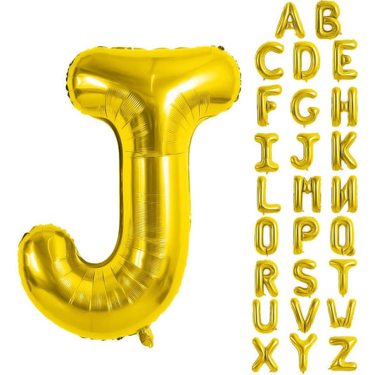 Balon Folie Metalizata Litera J, Decoratiune Petrecere Umflare Aer sau Heliu, Aluminiu, Inaltime 40 cm, Pai Inclus, Auriu