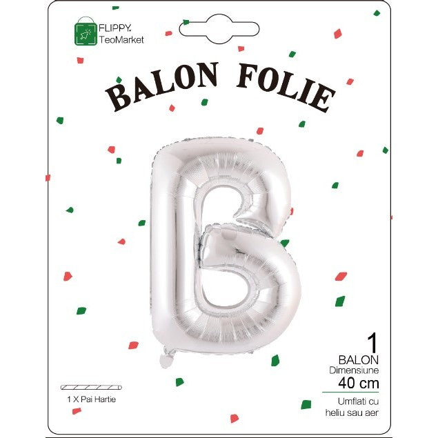 Balon Folie Metalizata Litera B, Decoratiune Petrecere Umplere Heliu sau Aer, Aluminiu, Include Pai Umflare, 40 cm, Argintiu