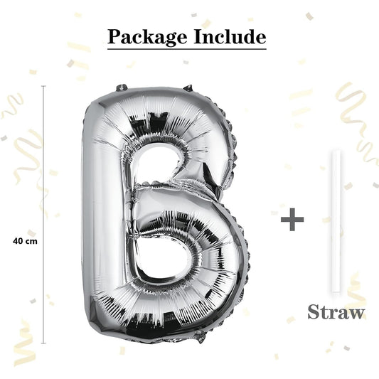 Balon Folie Metalizata Litera B, Decoratiune Petrecere Umplere Heliu sau Aer, Aluminiu, Include Pai Umflare, 40 cm, Argintiu