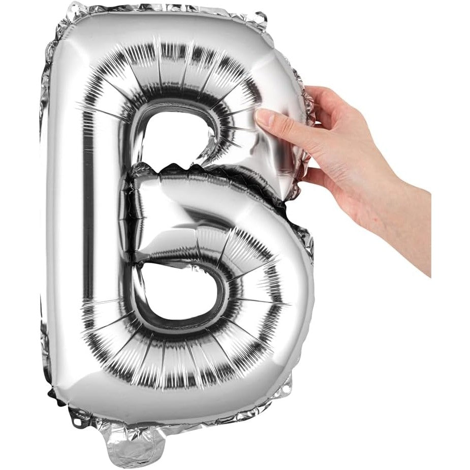 Balon Folie Metalizata Litera B, Decoratiune Petrecere Umplere Heliu sau Aer, Aluminiu, Include Pai Umflare, 40 cm, Argintiu