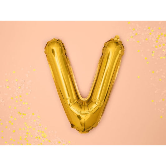 Balon Folie Metalizata Litera V, Decoratiune Petrecere cu Auto-Sigilare, Umflare Aer sau Heliu, Aluminiu, 40 cm, Auriu