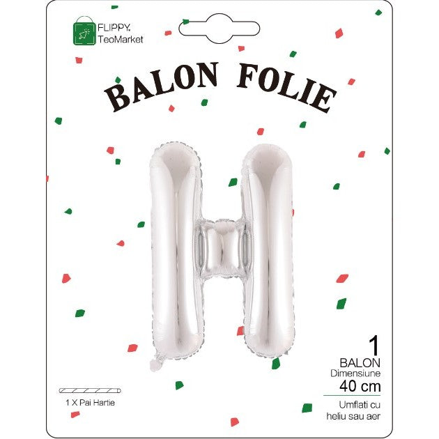 Balon Folie Metalizata Litera H, Decoratiune Petrecere Aniversara, Umflare Heliu sau Aer, Include Pai, Argintiu, 40 cm