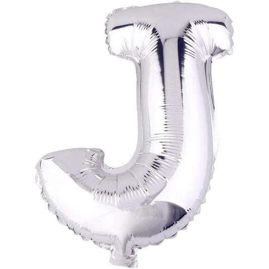 Balon Folie Metalizata Litera J, Decoratiune Petrecere Aniversara, Aluminiu, Compatibil Aer si Heliu, Pai Inclus, 40 cm, Argintiu
