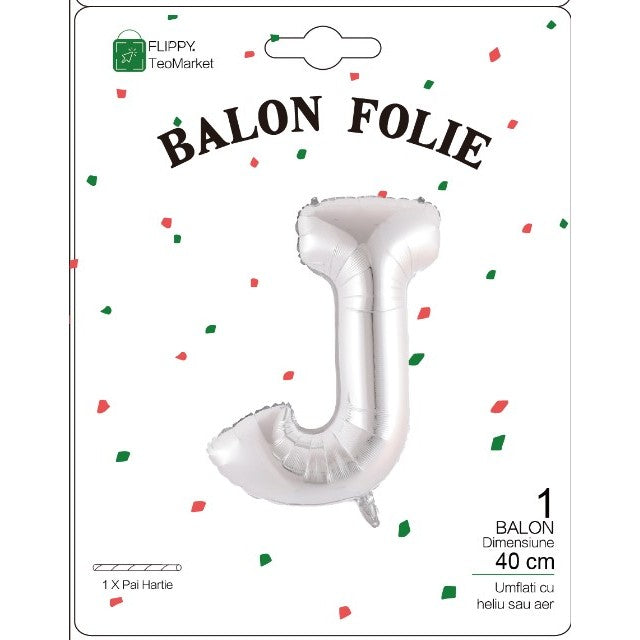 Balon Folie Metalizata Litera J, Decoratiune Petrecere Aniversara, Aluminiu, Compatibil Aer si Heliu, Pai Inclus, 40 cm, Argintiu