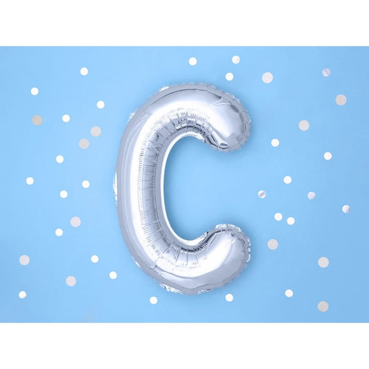 Balon Folie Metalizata Litera C, Umflare Heliu sau Aer, Decoratiuni Petrecere cu Pai Inclus, Aluminiu, 40 cm, Argintiu