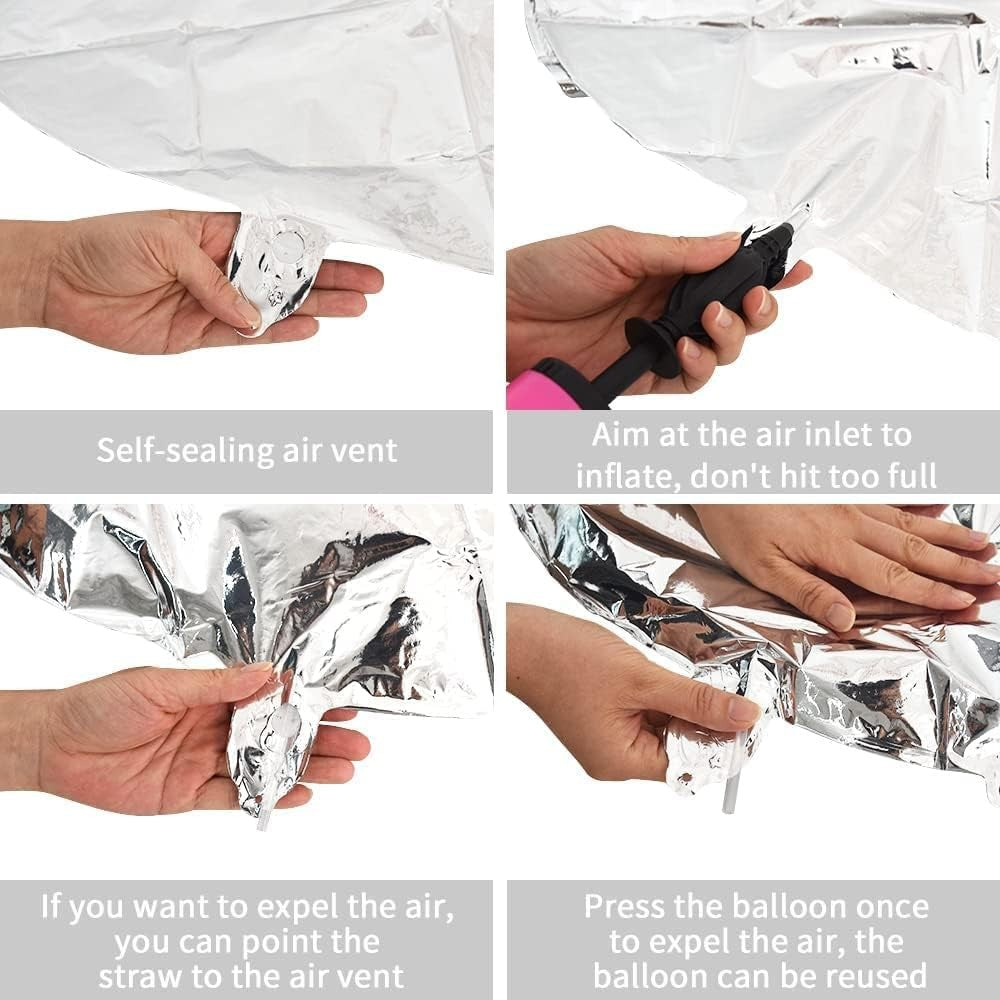 Balon Folie Metalizata Litera E, Umflare Heliu sau Aer, Include Pai de Umflare, Material Rezistent, Argintiu, 40 cm