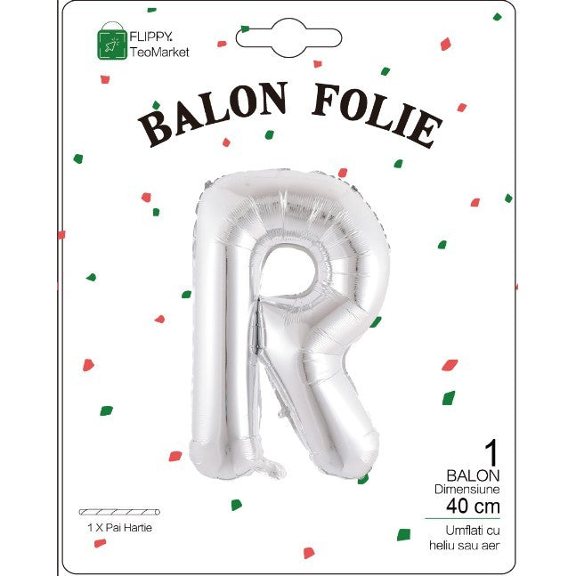 Balon Folie Metalizata Litera R, Decoratiune Petrecere Aniversara, Compatibil Heliu sau Aer, Include Pai de Umflare, Argintiu, 40 cm