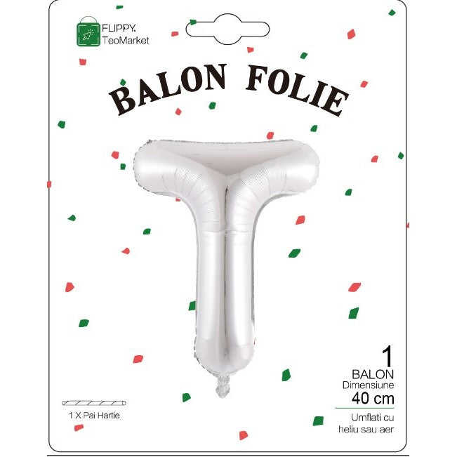Balon Folie Metalizata Litera T, Decoratiune Petrecere, Umflare Heliu Sau Aer, Aluminiu, Include Pai, 40 cm, Argintiu