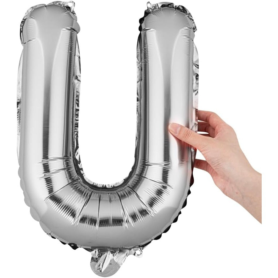Balon Folie Metalizata Litera U, Decoratiune Petrecere Umplere Heliu sau Aer, Aluminiu, Inaltime 40 cm, Include Pai Umflare, Argintiu
