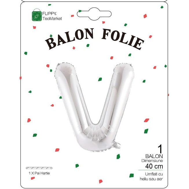 Balon Folie Metalizata Litera V, Umflare cu Heliu sau Aer, Decoratiuni Petrecere, Folie Aluminiu, Inclus Pai pentru Umflare, 40 cm, Argintiu