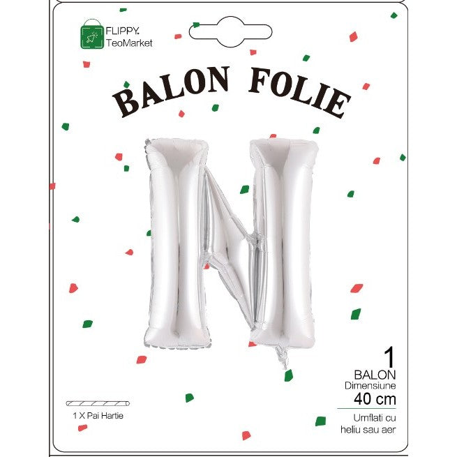 Balon Folie Metalizata Litera N, Decoratiune Petrecere Umflarea cu Heliu sau Aer, Aluminiu, Inaltime 40 cm, Pai Inclus, Argintiu